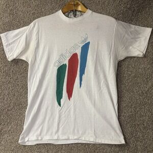 Vintage 90s Adidas Single Stitch T-Shirt Blue Red Green Brush Stokes